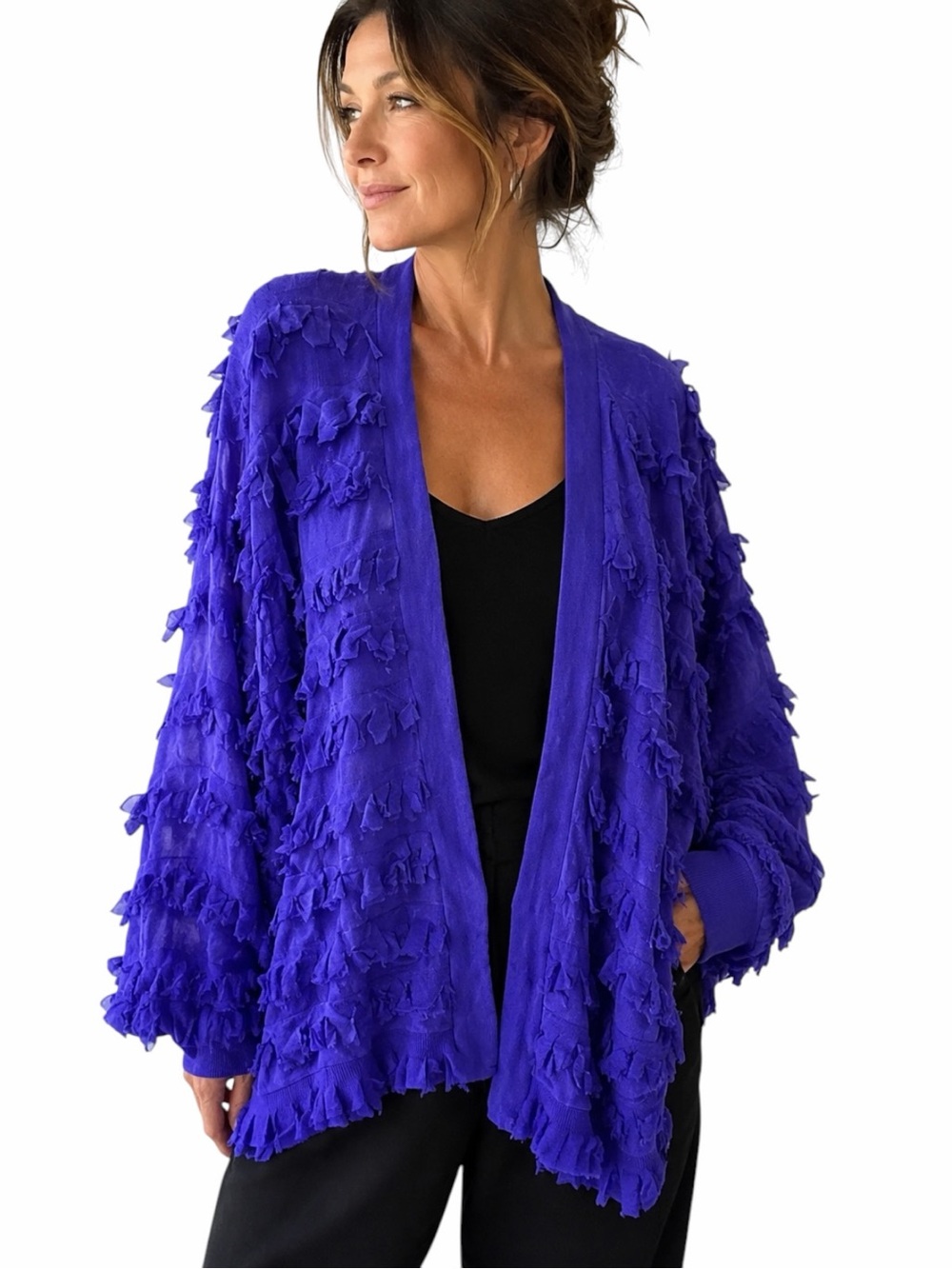 VTG Paula Sweet Muslin Mink Fringe Art Wear Cardigan Jacket Cobalt Blue M